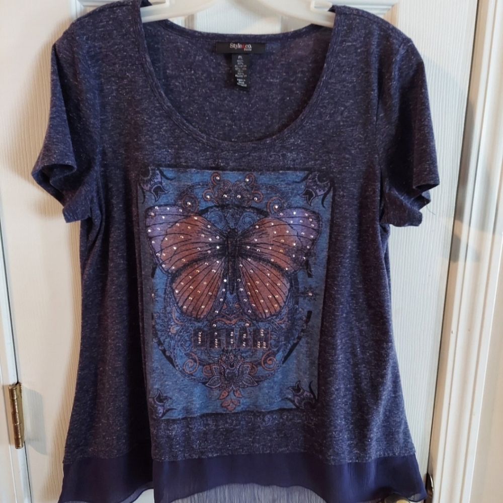 LIKE NEW DREAM BUTTERFLY LINEN BLEND FLUTTER TEE - Petite LG (10-12) 36"